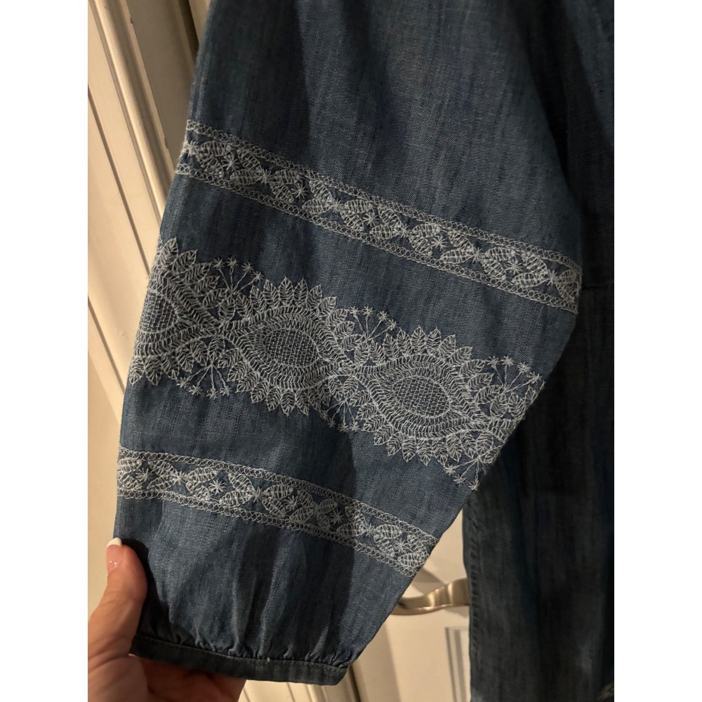 J Jill Embroidered Denim Dress Blue 3/4 Sleeve Casual Boho Chic Sz Small - Picture 3 of 6